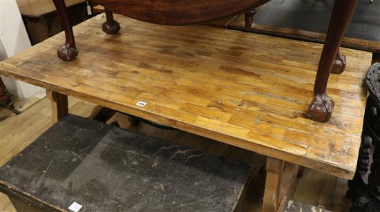 A Continental rustic olivewood-veneered farmhouse table, W.150cm